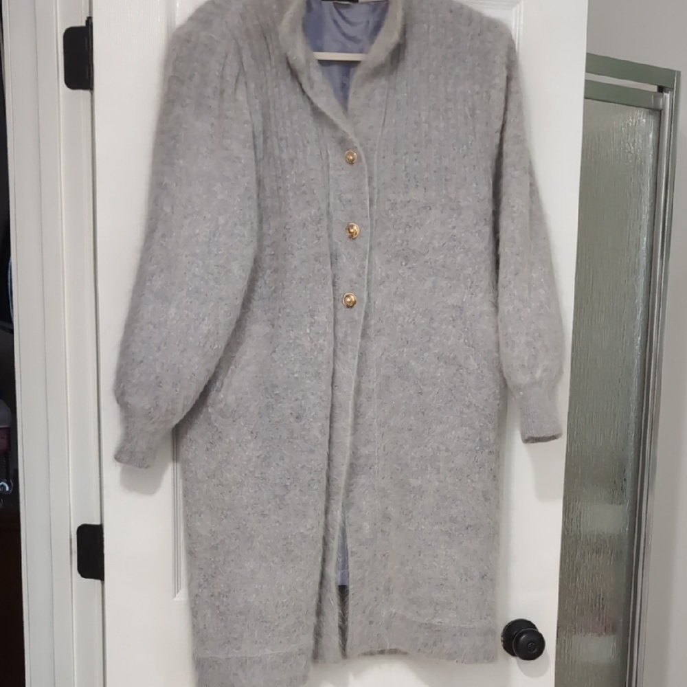 Vintage Connie A Lee Elegant Gray Women's Angora Cardigan with Gold Buttons.